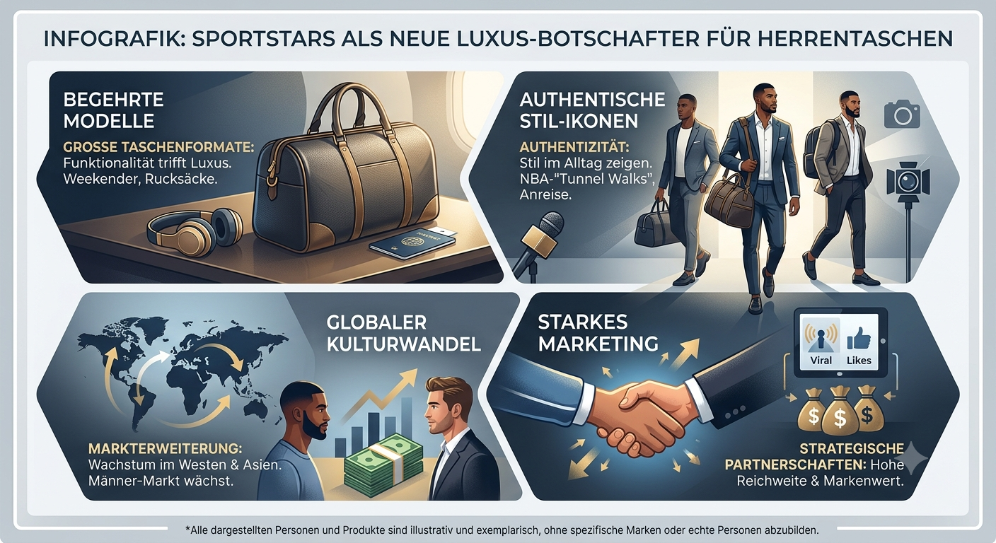Infografik: Sportstars als neue Luxusbotschafter für Herrentaschen – vier Faktoren: begehrte Modelle, authentische Stil-Ikonen, globaler Kulturwandel und starkes Marketing